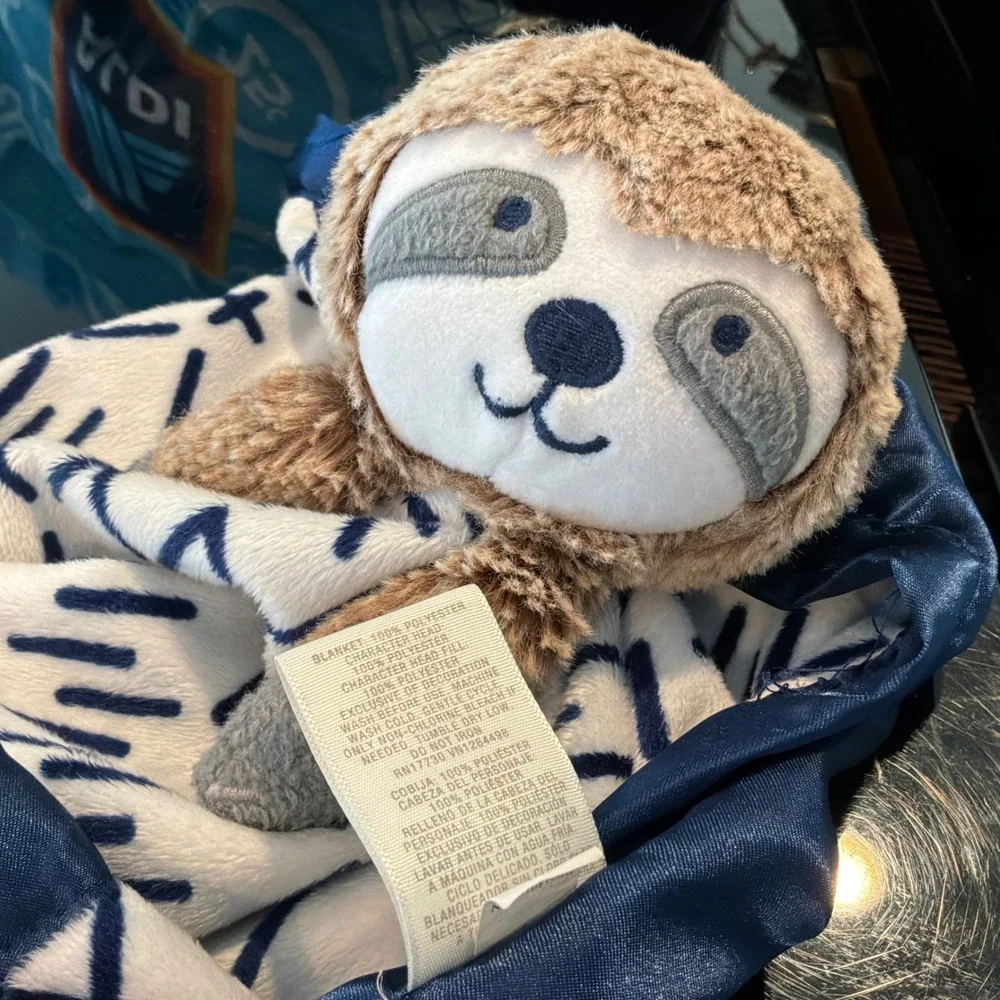 Cloud Island Sloth Baby Security Blanket Lovey Navy Blue White Geometric Satin